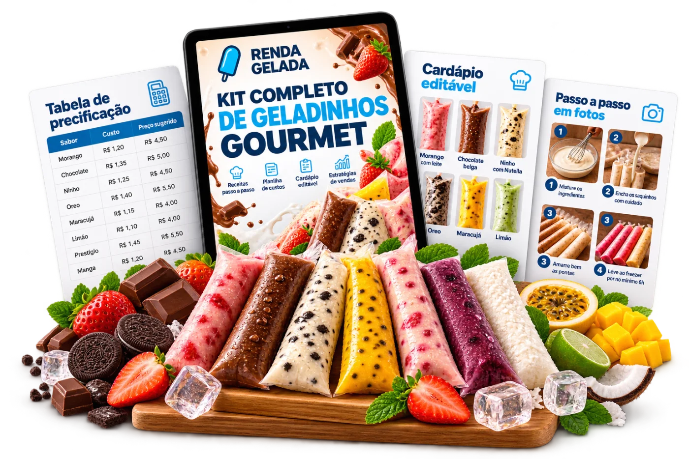Kit completo de geladinhos gourmet com receitas, tabela de precificação e cardápio