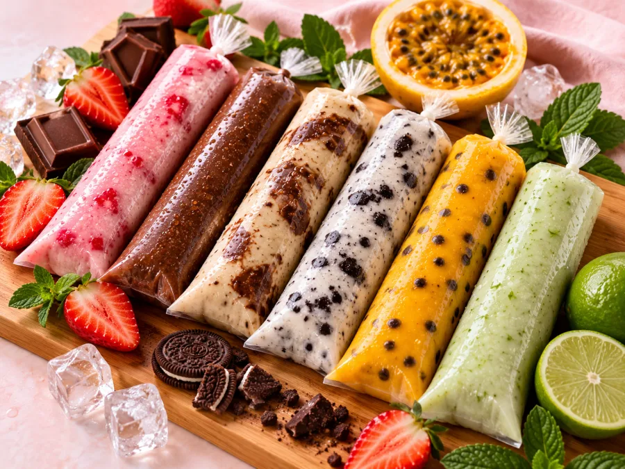Geladinhos gourmet de vários sabores sobre uma tábua de madeira
